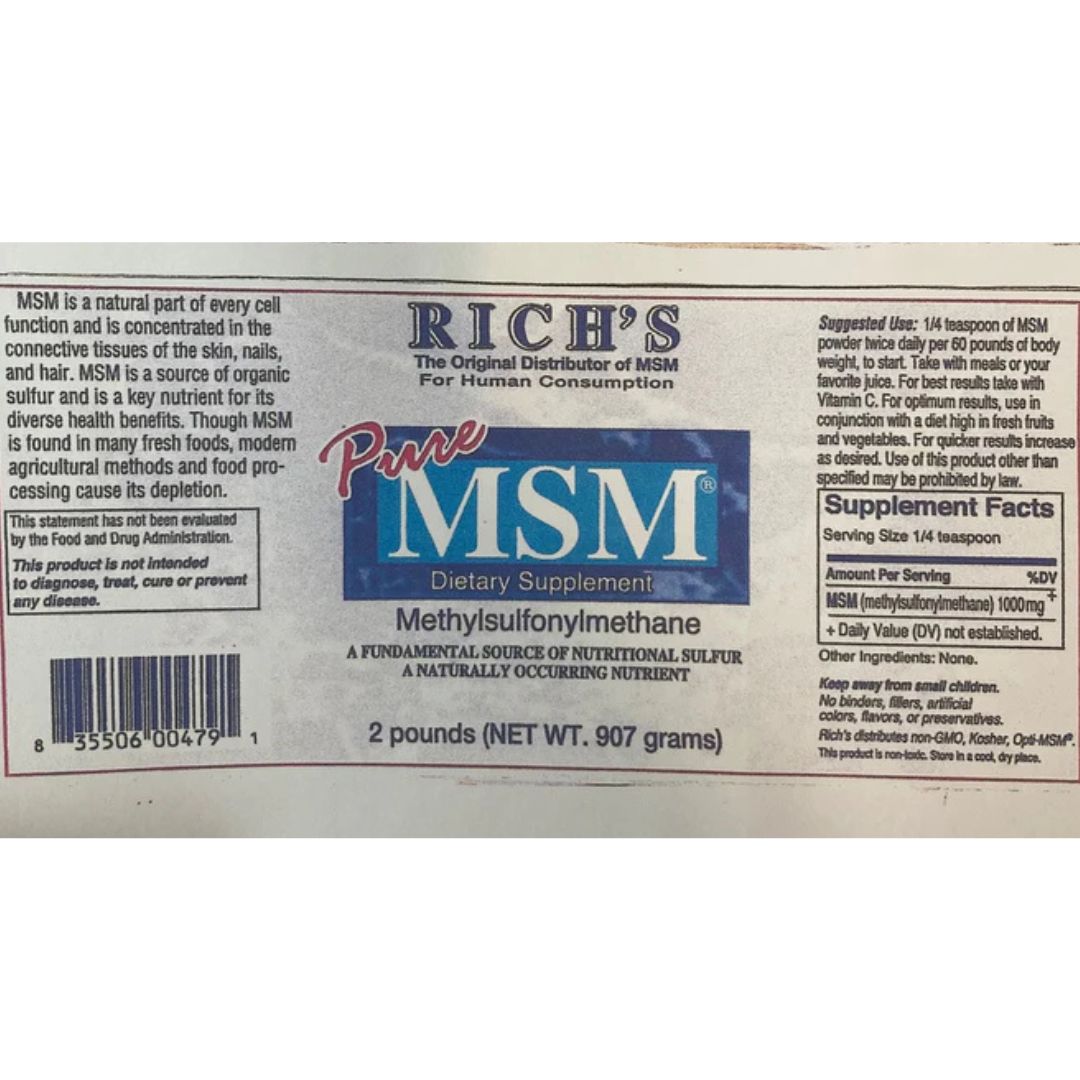 Rich's Pure MSM Dietary Supplement Powder 2 pounds (NET WT. 907 grams) Full Label